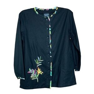 Black Linen Rayon Blend Floral Embroidered Button Front Shirt Jacket Womens M